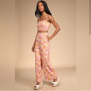 Hibiscus Haze Orange Floral Print Wide-Leg Two-Piece Jumpsuit